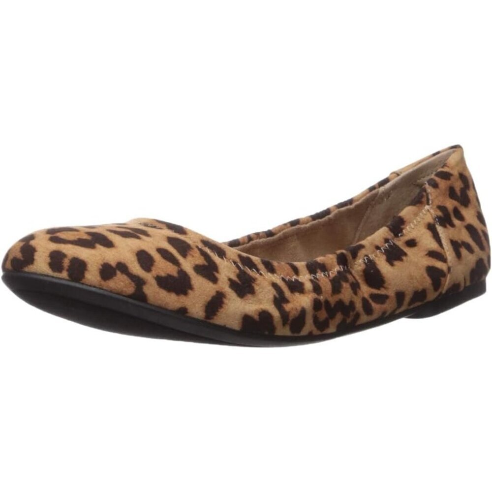 Womens Faux Leopard Closed Rounded Toe Slip On Low Wedge Heel Ballet Flat Shoes
